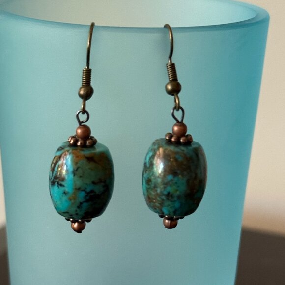 Teal Kingman Turquoise with Bronze Pierced Barrel Earrings - Picture 1 of 3